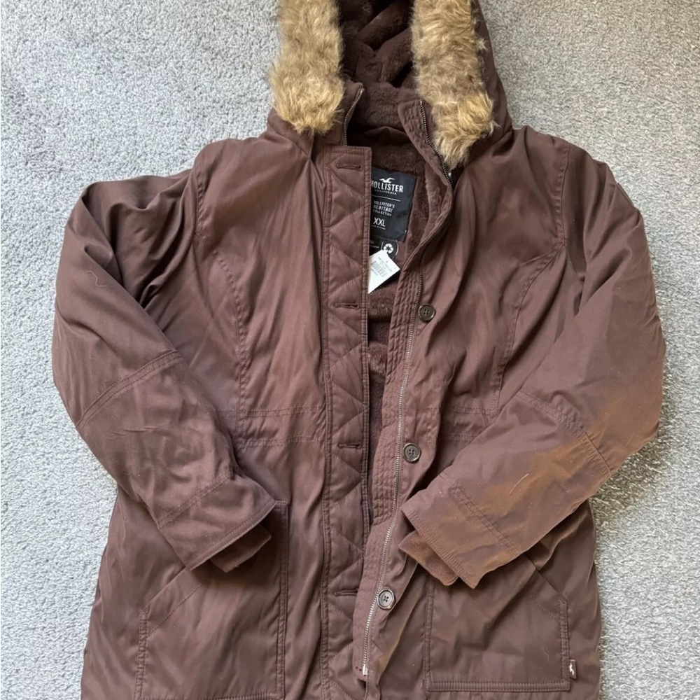 Hollister Brown Jacket with Faux Fur Hood